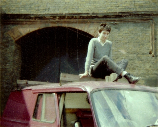 Rob Simmons, of the Subway Sect, perched on the top of my Transit van outside Rehearsals, 1977.